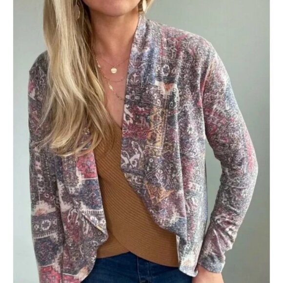 Anthropologie Open Front Multicolored Knit Cardigan | Boho Cottagecore Artsy L - Picture 16 of 16